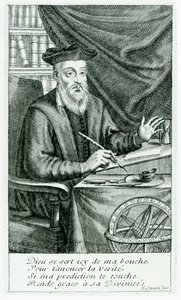 मिशेल डी नोस्ट्रेडम (नास्त्रेदमस) (1503-66) अपनी भविष्यवाणियों को लिखते हुए, जीन सौवे (fl.1660-91) द्वारा उत्कीर्ण